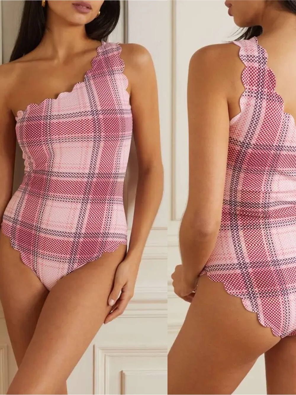 Marysia | Santa Barbara Reversible One-Shoulder Scalloped Checked Swimsuit
